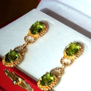 Elegant 14k Yellow Gold and Genuine Green Peridot Dangle Earrings
